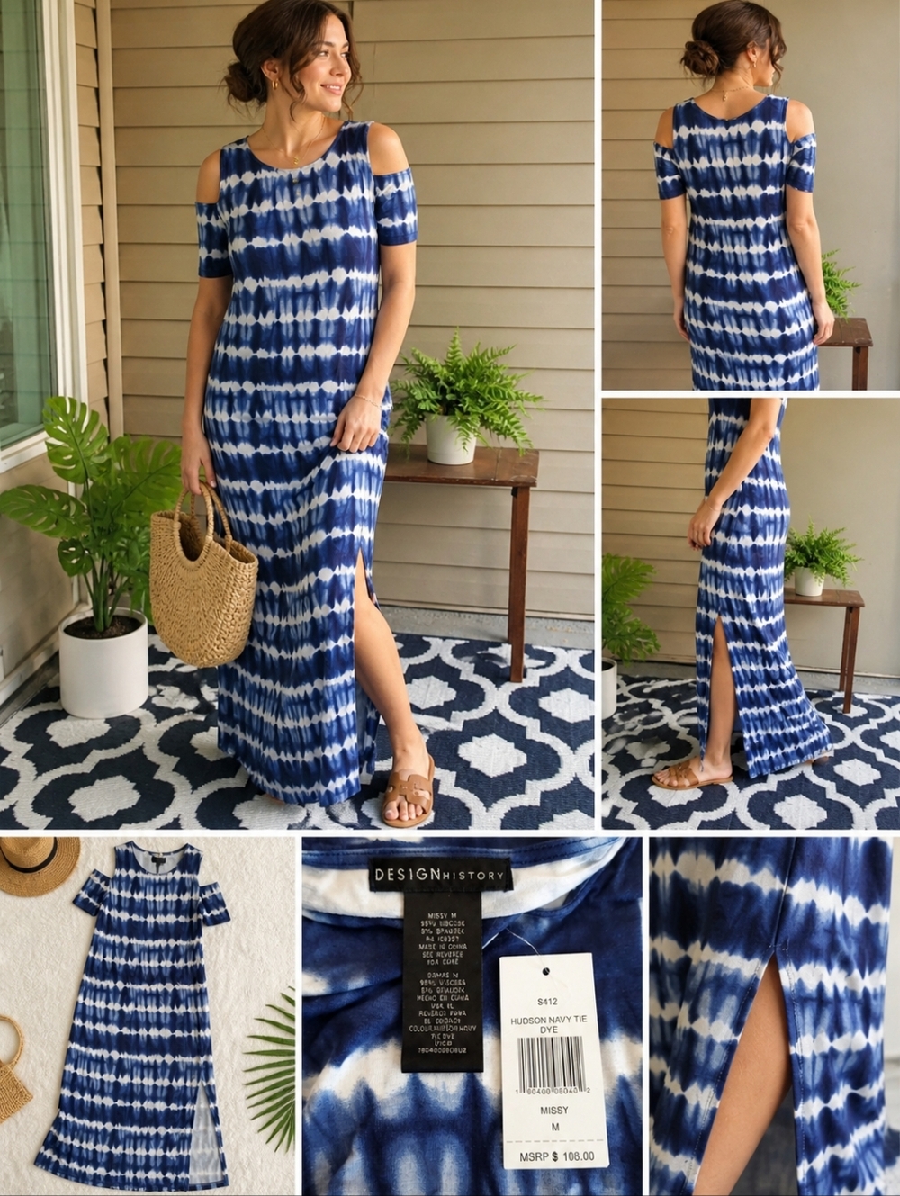Design History Tie Dye Maxi Dress Blue White Cold Shoulder Slit NWT Medium Summe